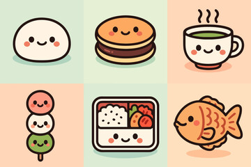 Cute anime food icons including dorayaki and matcha tea in soft pastel tones. Ideal for kawaii culinary illustrations and Japanese culture stock collections.