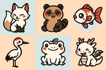 Kawaii Japanese animal icons featuring kitsune, tanuki, koi fish, and tsuru crane on pastel background. Perfect for anime-style stock and sticker designs.