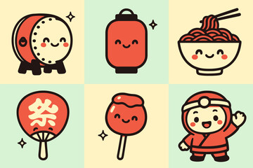 Kawaii Japanese cartoon icons featuring lantern, koinobori, Mount Fuji, geisha, takoyaki, and oni mask on pastel background. Perfect for anime-style stock sets.