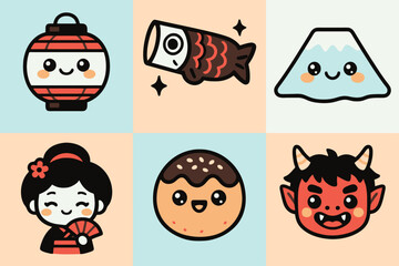 Cute anime-style Japanese culture icons including wagasa umbrella and taiko drum in pastel backdrop. Ideal for kawaii prints and packaging designs.