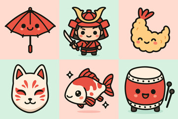 Kawaii Japanese cartoon icons of ramen, lucky cat, sushi, ninja, onigiri, and dragon on a vibrant pastel background. Perfect for anime-style stock and stickers.