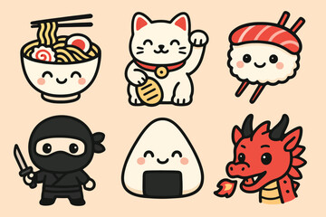 Cute anime icons featuring Japanese food and cultural characters like ninja and lucky cat. Ideal for kawaii stickers, prints, and stock illustrations.