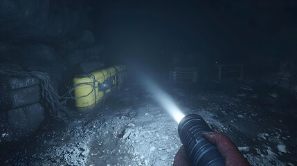 Dark, underground tunnel.  A flashlight illuminates a yellow gas can and debris