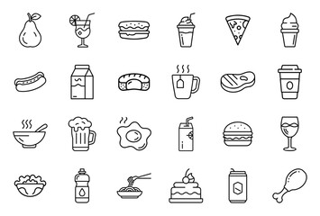 Set of black and white food and drink vector icons in outline style