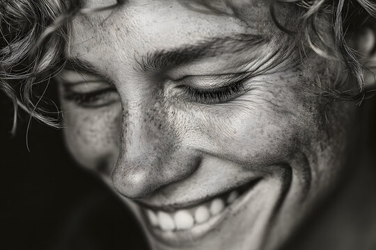 Black and white close up portrait of a woman laughing with eyes closed