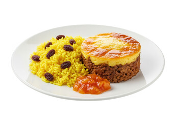 Shepherd's Pie with Rice and Chutney on White Plate