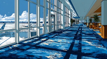 Obraz premium Airport concourse hallway with a view of the airfield.