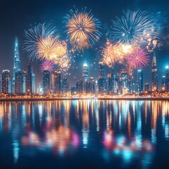 Fireworks over a city skyline reflected in water at night creating a vibrant spectacle