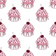 Vector hand drawn Seamless Pattern with 
Cupcakes. Pastel pink Coquette pattern with Vintage 
homemade baked goods. Trendy print for baking business
