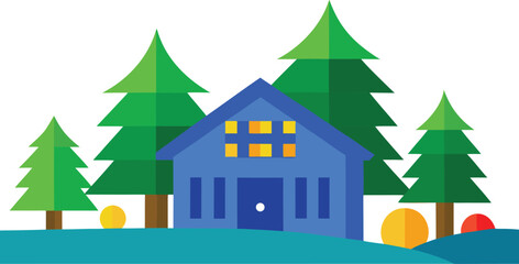 Fototapeta premium Charming blue house surrounded by evergreen trees and easter eggs