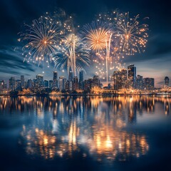 Fireworks exploding over a city skyline reflected in water during a nighttime celebration event