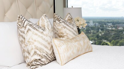 Elegant decorative pillows in neutral tones are arranged on a luxurious bed with a stylish headboard, showcasing modern interior design and a scenic view outside the window