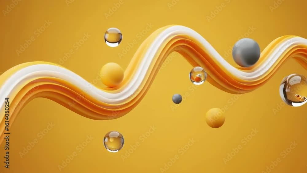 Poster an abstract composition features a dynamic orange, white, and yellow fluid wave with various spheres