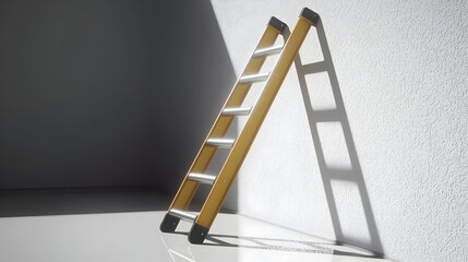 A yellow stepladder leans against a white wall, casting a shadow.  Sunlight highlights the ladder and wall