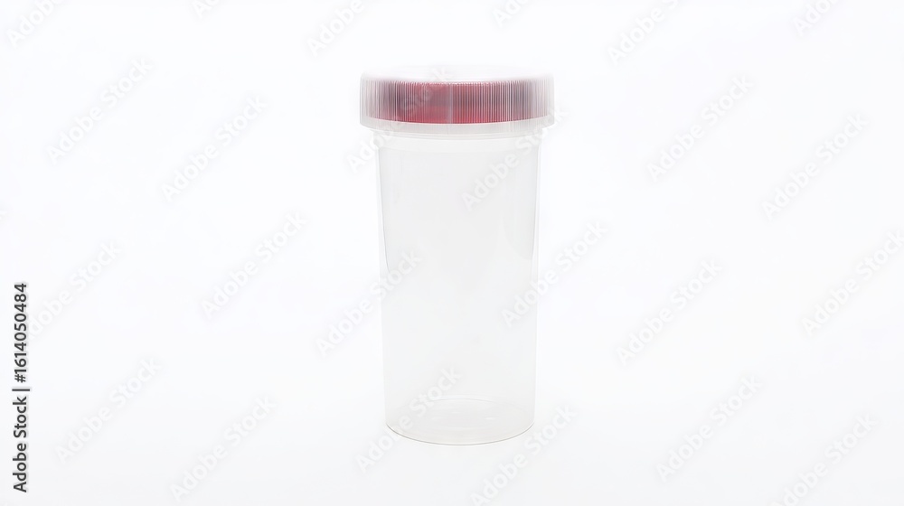 Poster clear plastic container with a red lid, ideal for storage or organization, showcasing a simple yet f