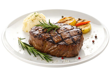 Succulent grilled steak with creamy mashed potatoes and roasted vegetables, garnished with fresh rosemary for an exquisite dining experience.