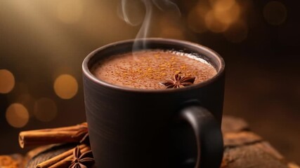A steaming mug of spiced hot chocolate with star anise on a cozy blurred background setting scene - Powered by Adobe