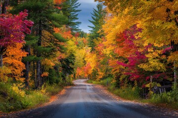 Obraz premium Serene Morning Drive in Algonquin: Vibrant Autumn Colours Along the Leaf-Lined Path