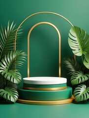 Green, Tropical-Themed Product Display with Gold Accents