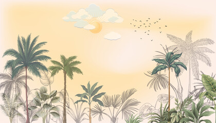 palm trees on the beach with yellow background 