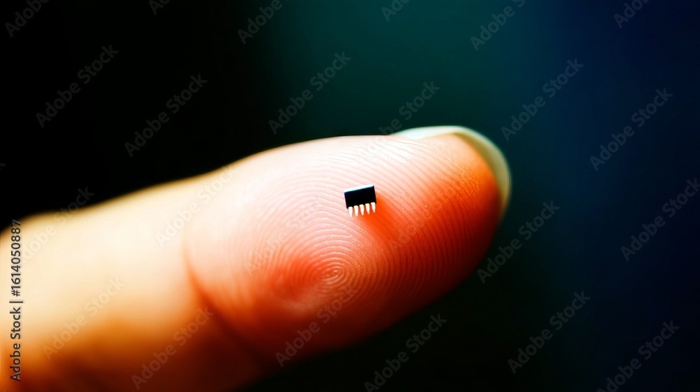 Poster tiny microchip held delicately on the fingertip, showcasing intricate details and textures, emphasiz