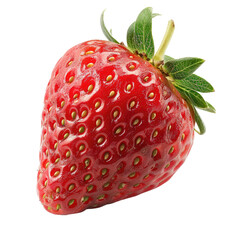 Single, ripe strawberry, vibrant red, with green leaves and stem