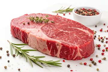 Freshly Cut Ribeye Steak With Herbs and Spices Ready for Cooking