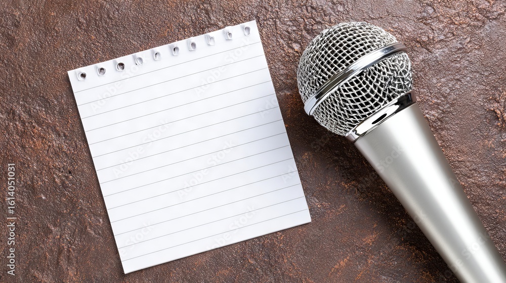 Poster silver microphone placed beside blank notepad on textured brown surface, creating a perfect setup fo