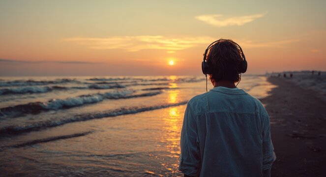 Contemplative Beach Moment: Man Embracing Serenity with Headphones Amidst Ocean Sunset
