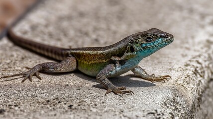 Naklejka premium A vibrant lizard rests on a warm stone, showcasing its colorful scales under the sunlight.