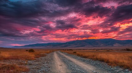 Fototapeta premium Dramatic Sunset Over the Siberian Desert: A Captivating Road Path Amidst Kurai Altai Mountains and Vibrant Clouds