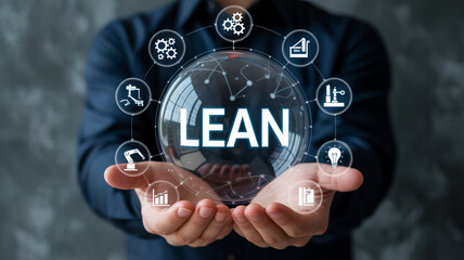 Fototapeta premium Lean Manufacturing Principles A Man Holding a Sphere with Lean Text and Manufacturing Icons for Process Optimization
