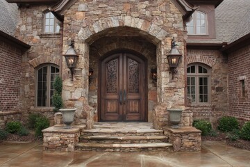 Fototapeta premium Elegant Arched Portal: Upscale Stone Entrance to a Contemporary Dream Home