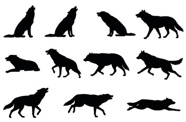 Silhouette collection of various wolves, showcasing different poses and actions, isolated on white background.
