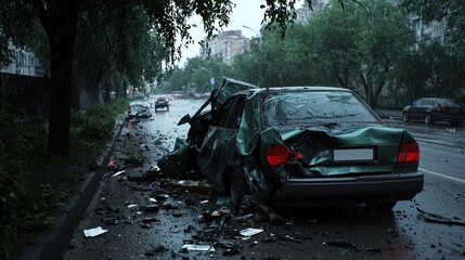 Heavily damaged green car after an accident, with debris scattered on the road in an urban setting during rainy weather.
