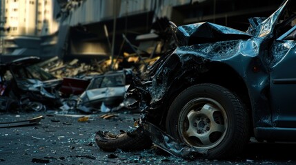 Fototapeta premium A severely damaged car sits amidst debris and shattered glass after an accident, with a blurred urban background.