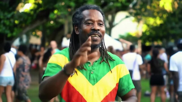 A smiling man with dreadlocks wearing Rastafarian colors dances at a summer park festival