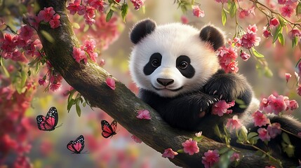 Panda chilling on vibrant tree with soft clouds background high resolution picture