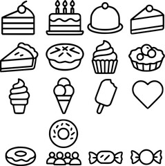 Various editable dessert-themed black icons, including cakes, pies, ice cream, donuts, and other sweet treats, and more drawn in a minimalist line art style 