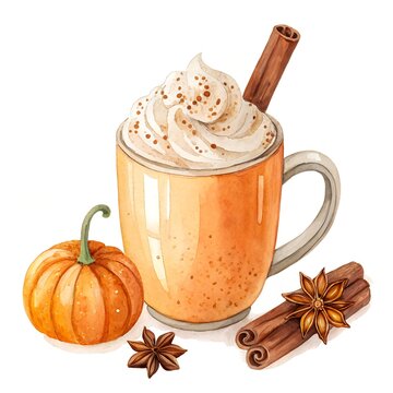 Mug of pumpkin spice latte topped with whipped cream and garnished with cinnamon and star anise in a cozy autumn setting