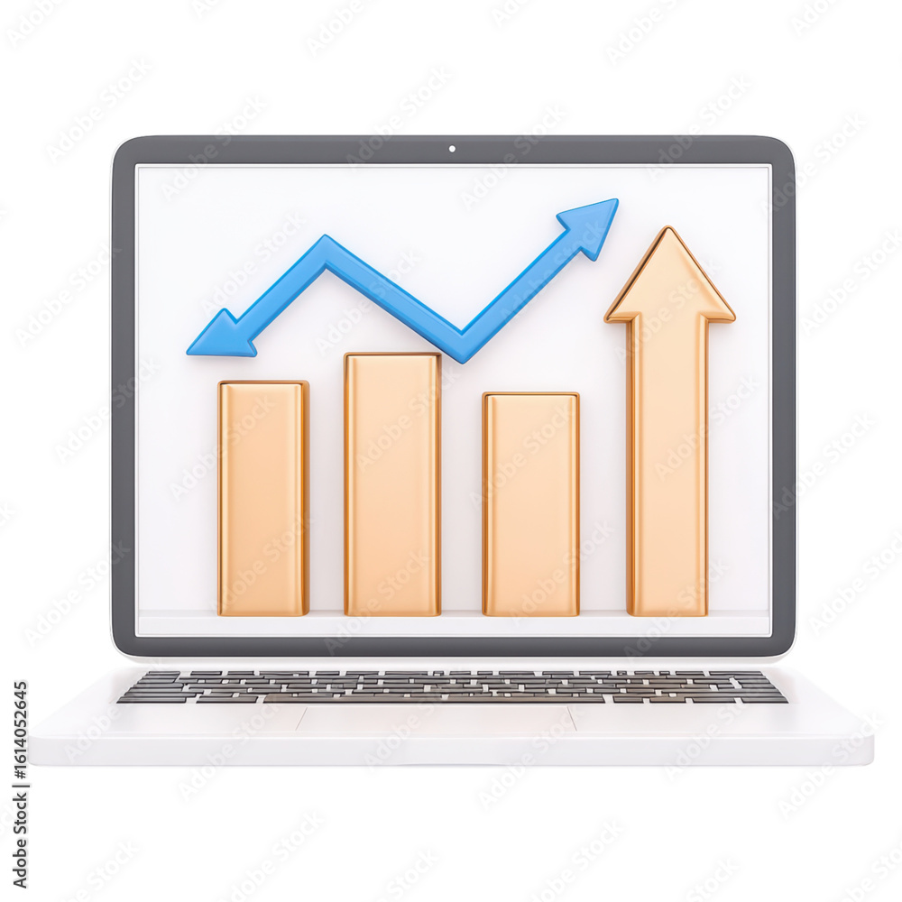 Poster growth chart and data analytics on a laptop screen isolated on transparent background.