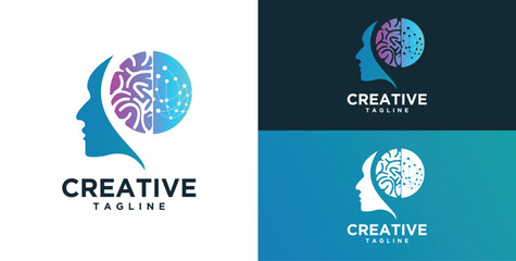 Fototapeta premium Human head, mind and technology logo design