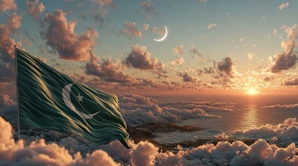 Majestic green and white flag flowing gracefully against a golden sunset sky, with delicate crescent moon and star gleaming in soft light, cinematic composition