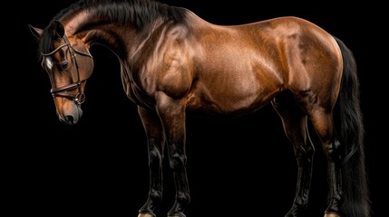Obraz premium A majestic brown horse with a black mane and tail stands gracefully against a dark background.