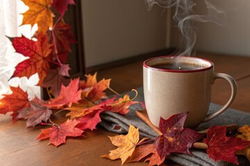 Warm Coffee Cup Surrounded by Autumn Leaves on a Cozy Table in a Home
