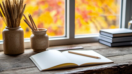 A cozy autumn desk setup with a blank notebook and pencils, bathed in warm natural light by a window