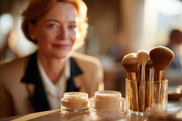 Lighting mockup featuring makeup brushes and beauty products in a softly lit setting