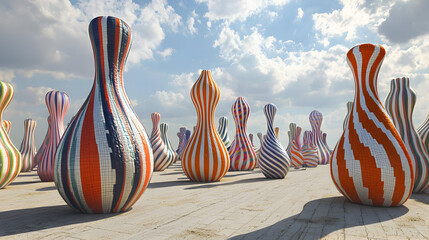 Colorful mosaic vases in a field, under a partly cloudy sky.  Rows of  decorative, abstract pottery, with patterned stripes in a variety of colors