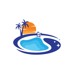 Sunset swimming pool abstract logo design template