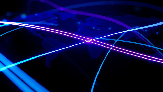 Futuristic global network concept with glowing blue and purple light streams representing data transfer and high-speed internet.